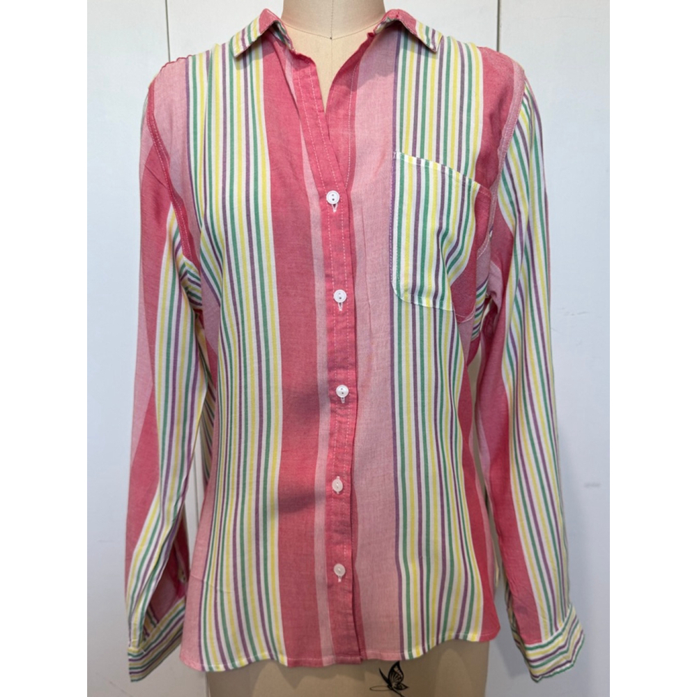 Women's Velvet Heart Pink Multi-Stripe Button Down roll tab sleeve Shirt L
